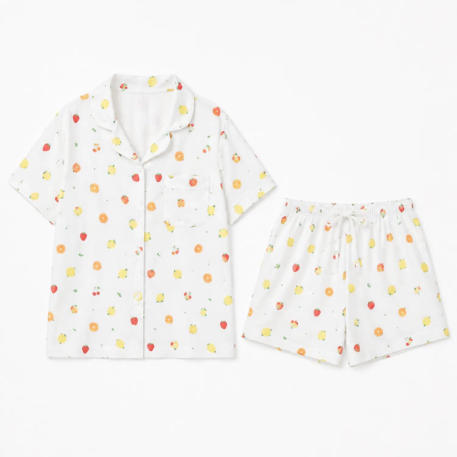 Fruit Print Pajama Set, Short Sleeve Button Front Sleep Shirt and Drawstring Shorts, White Summer Loungewear Two Piece Nightwear Ensemble
