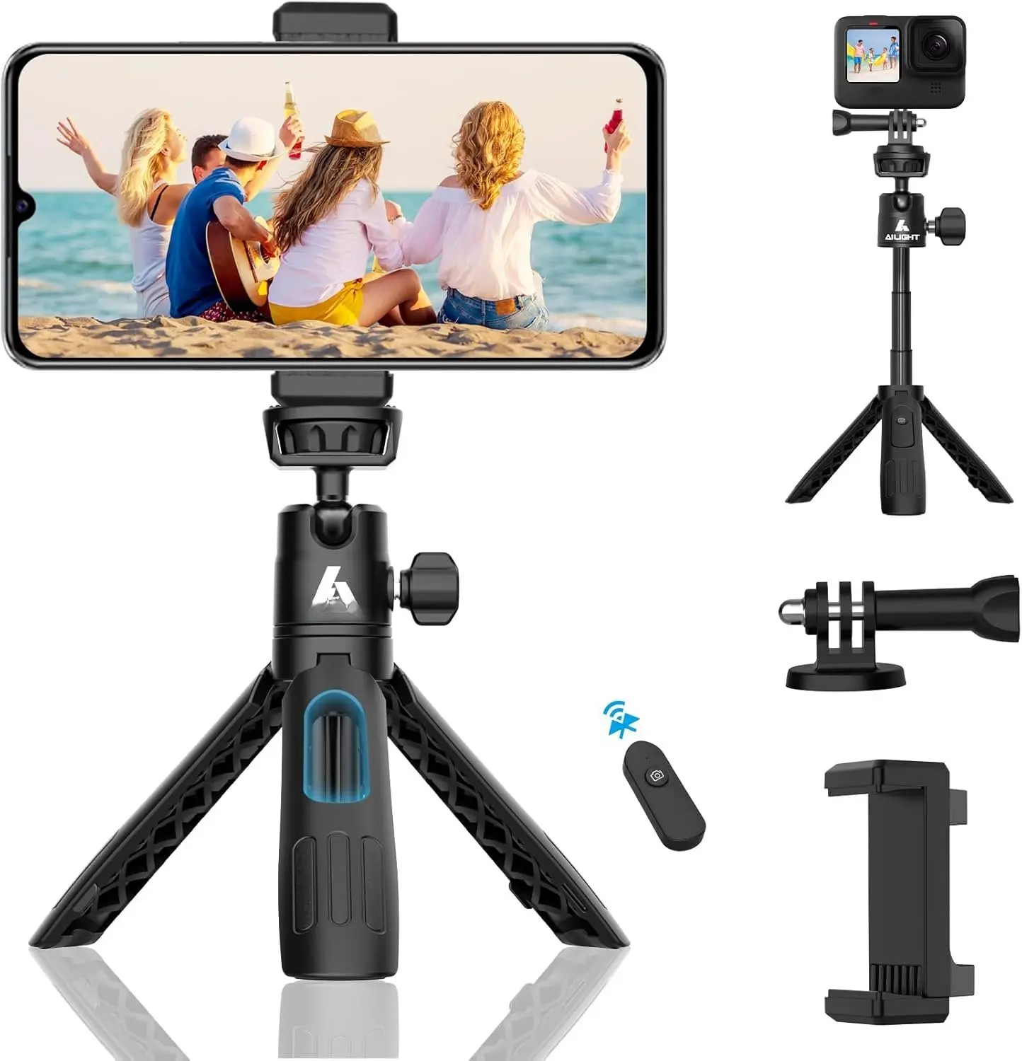 11.2" Mini Tripod for , Portable Extendable Travel Selfie Stick with  Remote, Upgraded Phone Clip Holder & Action Camera Adapter for Cell Phone/Camera (Matte Black)