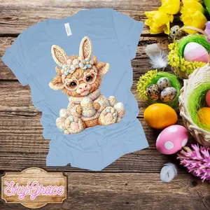 SkyGrace Easter Cow T-Shirt - Pink Tee with Bunny Ears, Glasses, and Bubble Gum Design for Festive Outfits