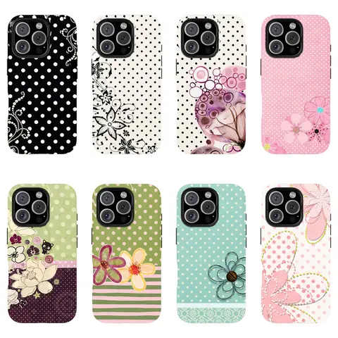 Kawaii Y2K Polka Dot & Floral Decorative Smartphone Protector - Sturdy Polycarbonate Durable Smartphone Shell Compatible with iPhone 17/16/15/14/13/12/11 Pro Max/Plus, Samsung Galaxy S23FE/22/23/24/25