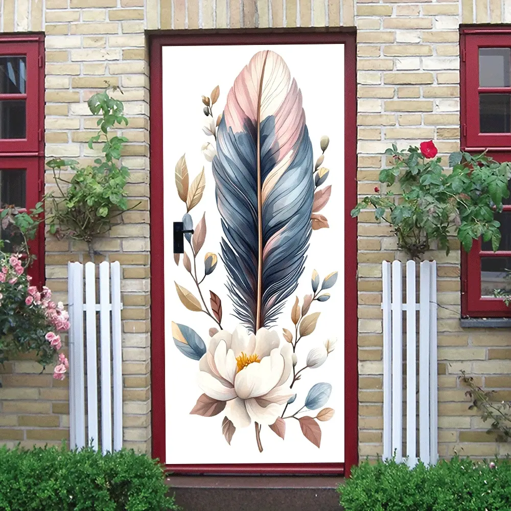 2pcs Feather and Peony Wall Sticker for Home Decoration Removable Self Adhesive Vinyl Art Decal for Living Room Bedroom Door Window Modern Boho Style Decorative Mural with Soft Colors and Natural Des