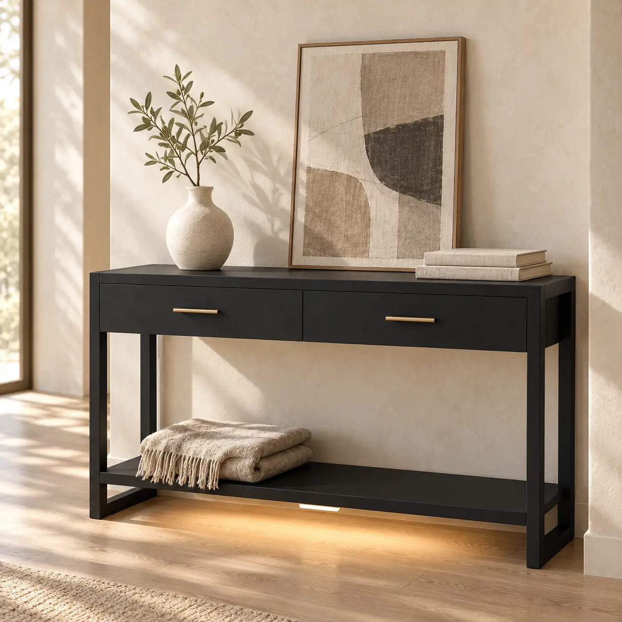 Keratee 41.3" Narrow Console Table with 2 Drawers and Foot-Sensor Light, Black Entryway Table with Open Storage Shelf, Sofa Table Behind the Couch for Hallway