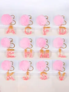 Women's Faux Fur Letter Keychain A-Z Initials Metal Crystal Drip Glitter Stone Gold Foil Capital Charm Bag Purse Gift Pendant