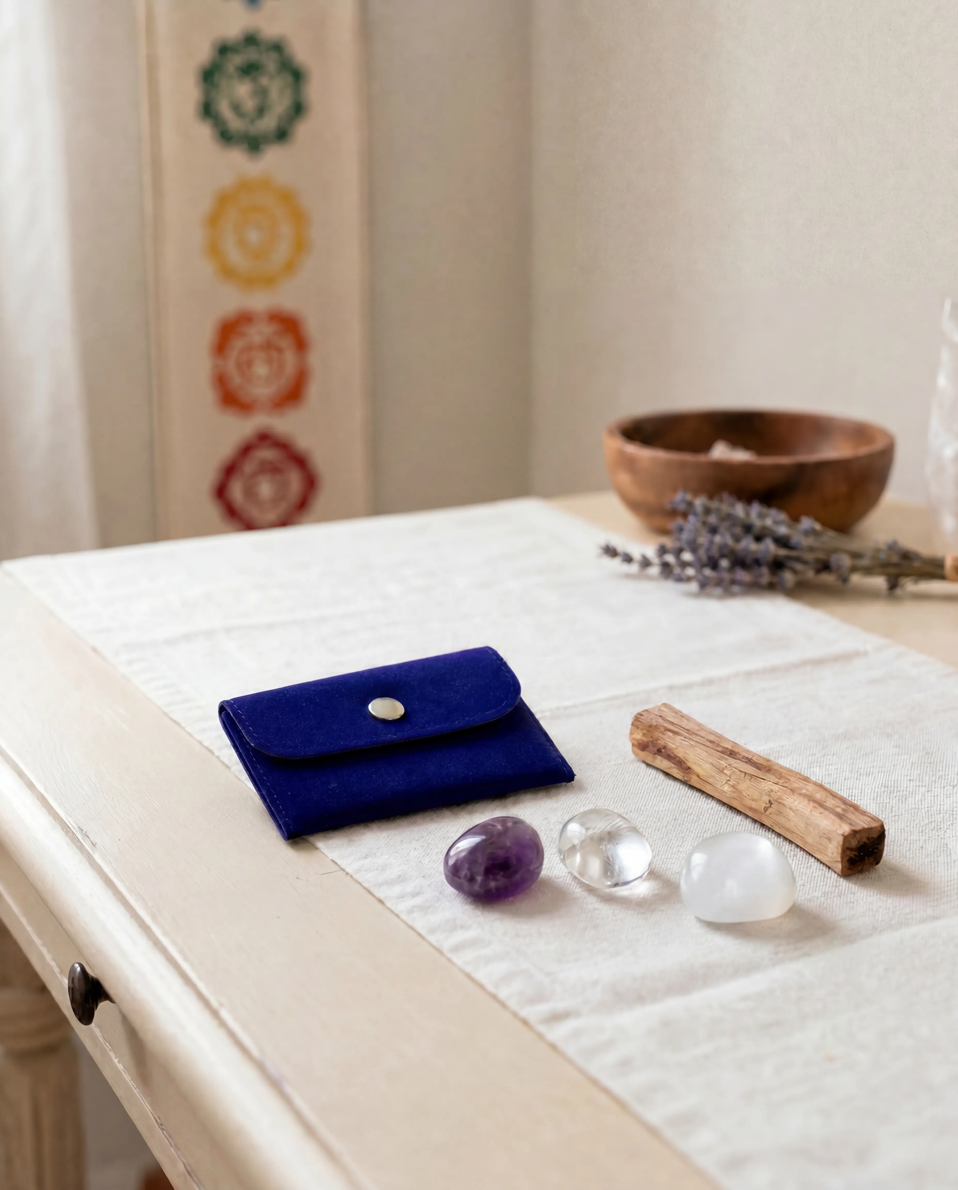 Elevate Your Spirit Crown Chakra Trio Tumbled Set with Amethyst, Clear Quartz & Selenite + Free Palo Santo Gift