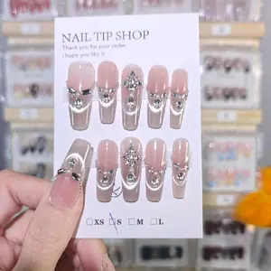Nude And Silver Cat Eye Handmade Press On Nails with Rhinestone Long Coffin