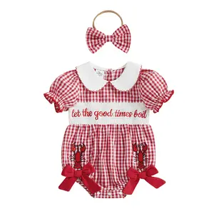 Sprifallbaby Girl Clothes Collared Neck Summer Short-Sleeve Smocked Crawfish Romper with Lobster Embroidery, Plaid Print Bodysuit, Fishing Outfit Headband,summervibes