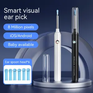 Ear wax removal tool camera, ear wash with 1080P high-definition camera, illuminated otoscope, ear wax removal kit with 6 replacement ear tips, suitable for iPhone, iPad, Android phones (black)