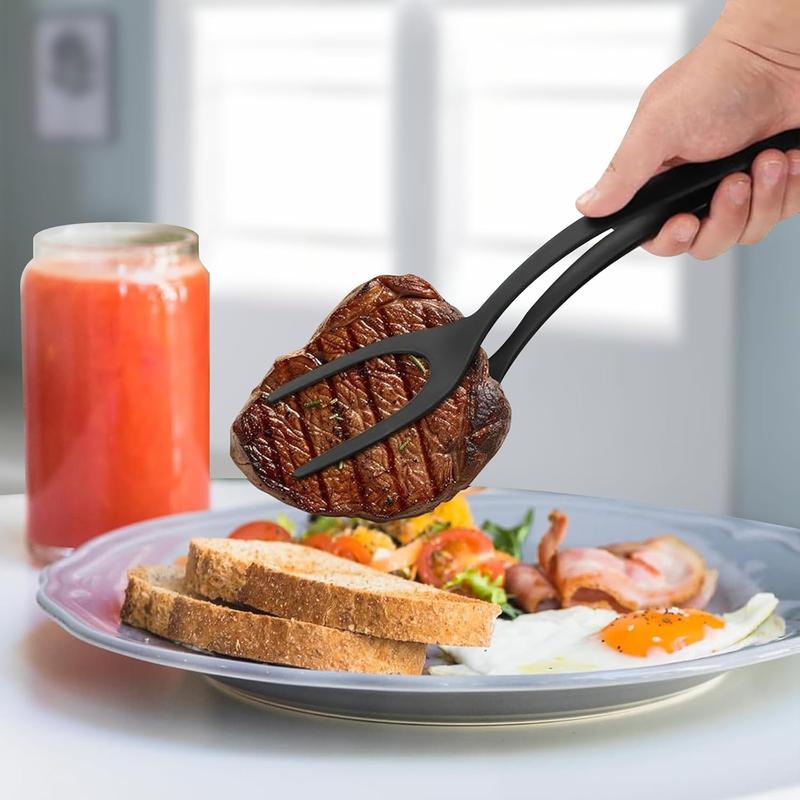 2-in-1 Silicone Shovel & Tweezers Tongs - Black Egg Flipper Pancake Steak Turner Omelet Maker Spatula Fish French Toast Tongs for Home Kitchen Cooking Tools Utensils