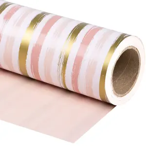Reversible Wrapping Paper - 17x33 FT, Pink & Gold Lines Design for Birthday, Wedding & More