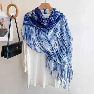 National Style Shawl Tie-dye Blue and White Disc Buckle Women's Travel Sunscreen Shawl for Literature and Art with Fringe Detail