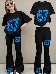Girls' Bottom Blue Line Number 67 Printed Set, Trendy Street Style Short Sleeve Bell Pants Two-Piece