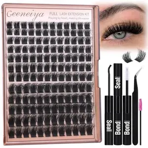 Geeneiya 200D Full Lash Clusters Kit Thick Lash Extension Kit 10-18mm Wispy Cluster Eyelash Extensions Individual Eyelashes Kit with Lash Bond and Seal DIY Lashes Applicator for Beginners