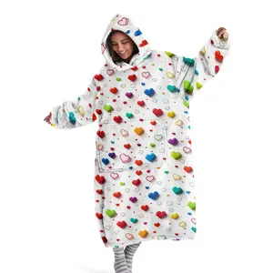 Hoodie blanket, wearable blanket, digital printed flannel blanket, soft and warm blanket with colorful heart pattern, sofa cover blanket, home leisure blanket, nap blanket, office bed camping travel, Valentine's Day gift, Blanket Gifts