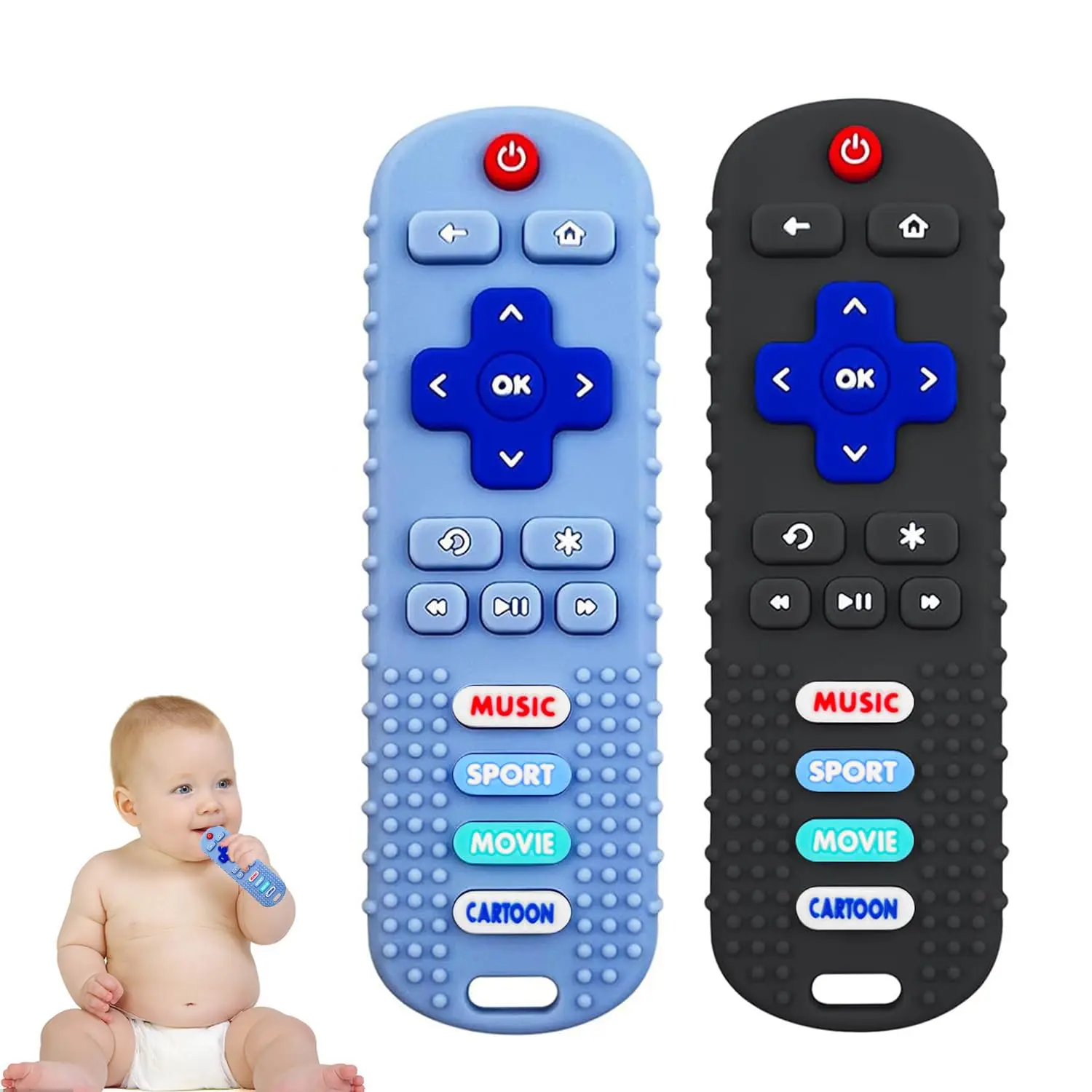 2PCS Baby Remote Control Toy, Soft Silicone Baby Remote Control Shape Teethers Toys  Babies 3 6 12 18 Month(Black + Blue)