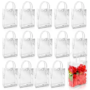 100/60/30/15pcs Bulk Clear Gift Bags - Reusable Plastic with Sturdy Handles, 6.3"X5.9"X2.8", for Christmas, Halloween, Wedding, Baby Shower, Party Favors, Thanksgiving Decorations & Teacher Supplies, Easter Bags
