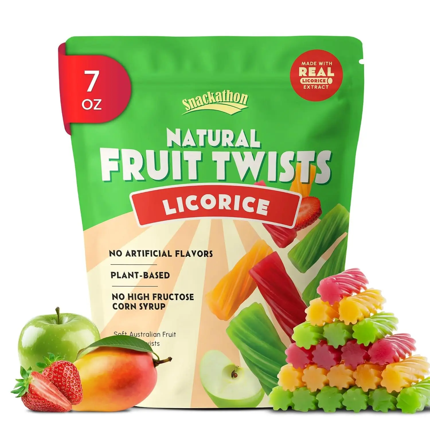 Snackathon Australian Licorice Candy, Natural Mixed Fruit Twists, Soft & Chewy Classic Gourmet Treat for Parties, Candy Bowls & Snacking, Made in Australia