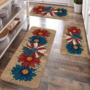 JIT 1/2/3 pcs of flannel flag-themed patriotic flower carpet for multi-scenario use on Memorial Day and Independence Day (July 4th) - suitable for kitchen, bedroom and other areas. Kitchen carpet set, flannel washable bedside soft carpet.