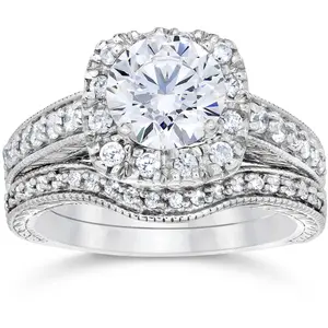 1 3/4ct Cushion Diamond Vintage Halo Engagement Ring Set 14K White Gold