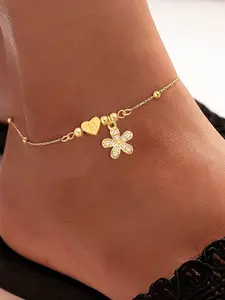 Women's Classic Stainless Steel Ankle Chain, Dainty Layered Anklet, Micro-Zirconia Flower Heart Letter Design, All-Season Fashion Accessory, Trendy Jewelry