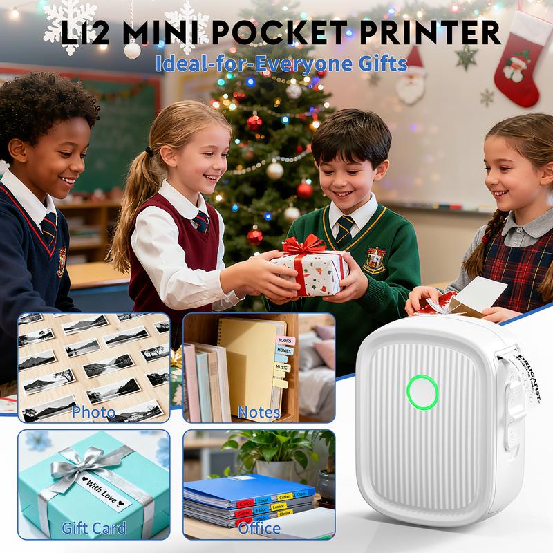 Mini Label Printer with Tape Bluetooth Maker Machine L12 Strap Wireless Printer for iOS & Android, Perfect for Home, Office Storage Boxes Organizing Inkless Printer DIY Barcode Name Price Sticker Study Note Desk Accessories File Organization