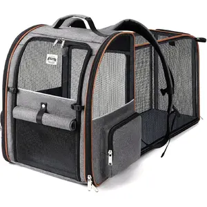 Cat Carrier Backpack, Expandable Pet Carrier with Sun Shade & Full Front Opening, Breathable Mesh Backpack for Small Dogs & Medium Cats Up to 18 Lbs, Foldable for Hiking, Camping (Grey)