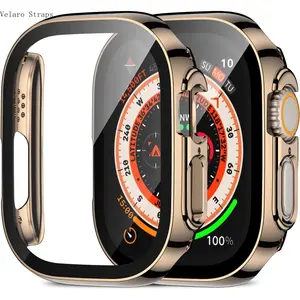Electroplated Tempered Glass 2-in-1 Case for Apple Watch Series 2-11/SE/Ultra/Ultra 2, Full Coverage Hard Bumper with Screen Protector, Shockproof Protective Cover in Black/Silver/Gold, 38/40/41/42/44/45/46/49mm All Sizes