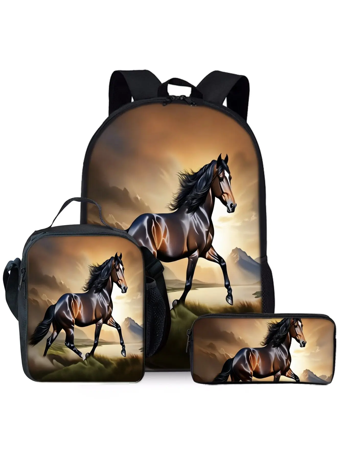 Black horse print backpack three piece set including lunch bag and pencil case