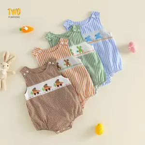 Newborn Baby Boy Easter Outfit Bunny Embroidery Sleeveless Smocked Bubble Romper Striped/plaid Overalls Bodysuit