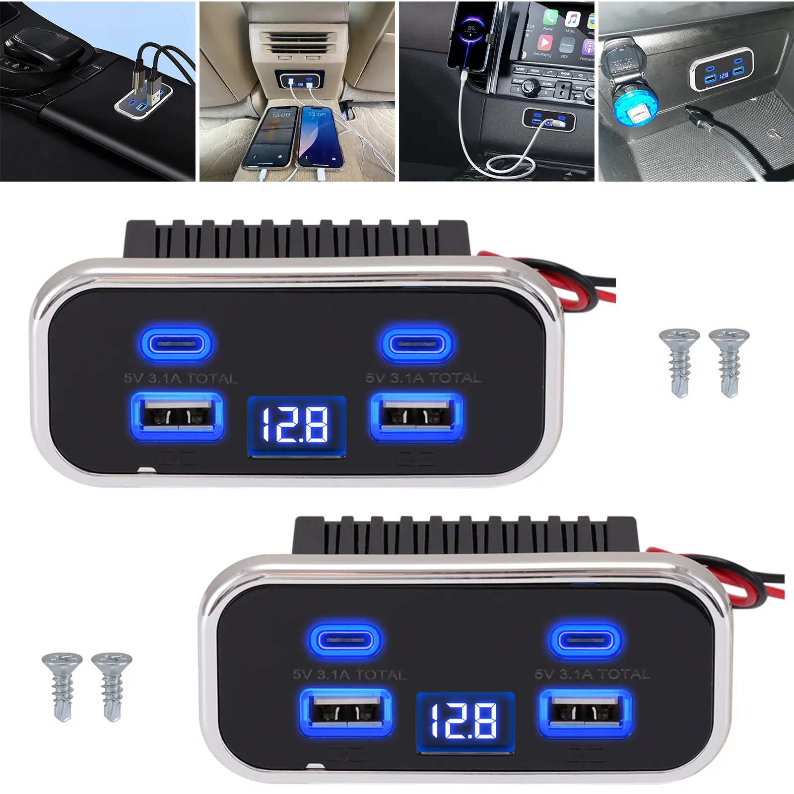 RV Charging Socket Panel with Voltage Display, Dual USB-A & Type-C Fast Charging Port, 12V/24V Universal Power Outlet for Car, RV, Boat