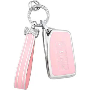 Key Fob Cover for Lexus RX is NX ES RC RX LX Pink 4 Button Car Keys Case Shell Accessories Bling Keychain Lanyard Full Protector Covers Girly Female TPU