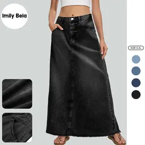 Imily Bela Women's Vintage High-Waist A-Line Denim Maxi Skirt, Casual Frayed Hem Jean Skirt with Pockets