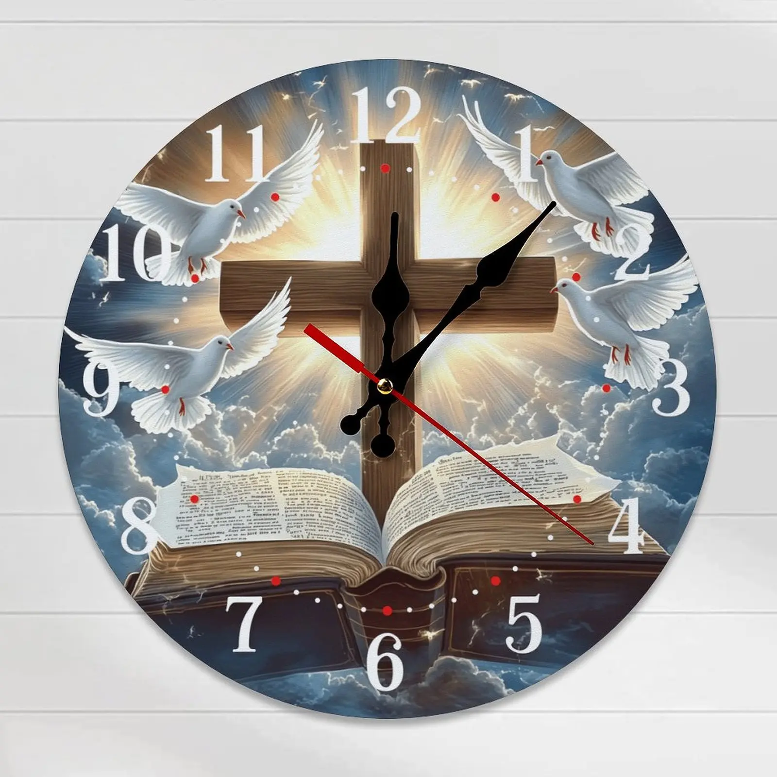 10/12in Round Print Mountable Silent Wooden Cross Analog Wall Clock, Easy-Install Religious Christian Room Decor Gift for Church, Mother's Day