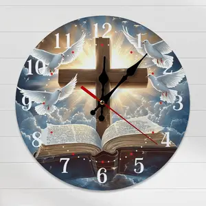 10/12in Cross Bible and Dove Wall Clock - Silent Religious Christian Decor, Faith Wooden Clock for Home, Church, Prayer Room