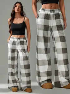 Women's Drawstring Waist Long Pants, Casual Plaid Design, Comfortable Fitted Style, All Season Wear, Trendy Streetwear, Casual Lounge Pant