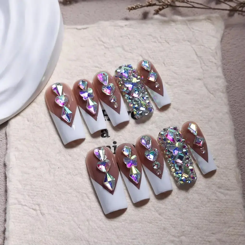 10pcs high-end Punk style, hand-painted three-dimensional square diamonds, heart-shaped diamonds, glittering full diamonds hand Handmade Press On Diy Nail Art Glitter Nails Decorative Nails