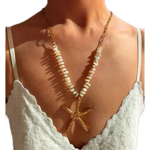 Starfish Natural Shell Beach Necklace 23inches 316L Stainless Steel Chain with 18K Gold Plated Starfish Pendant Fashion Jewelry for Summer Events
