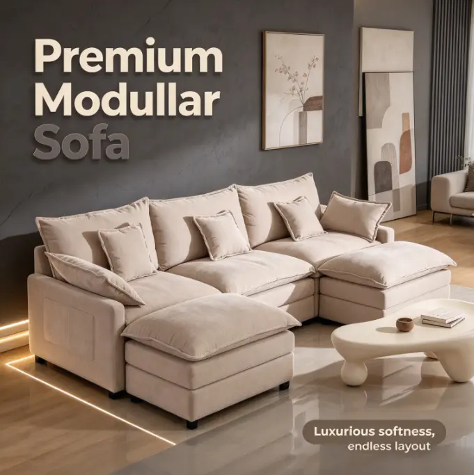 108" U-Shaped Modular Cloud Sofa, 3-Seater Sectional with 2 Movable Ottomans,Deep Seat,Chenille,Linen,SohoChic