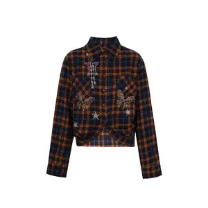 TCH - Hot Diamond | Fashion | Retro | Short Long Sleeve Blue Grid Shirt | Top | Coat | Women