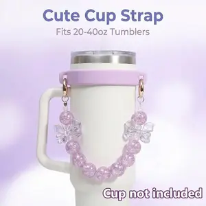 Cute Girl Beaded Design Cup Handle Strap for Stanley Tumblers Pink Glitter Pearl Wrist Lanyard for Owala Water Bottles, Silicone Grip Holder Fits 6-10cm Cup Mouth, Kawaii Drinkware Bottle Accessory Gift Ready