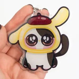 Chibi Kitty Pudding Dog Glitter Epoxy Keychain | Cartoon Art Double-Sided | Cute Japanese Kitty Gift For Pet Anime Lovers