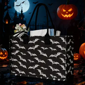 Halloween Bat Print Large Capacity Storage Bag, Durable Handles, Space-Saving Multi-Purpose Organizer for School Travel Shopping, Reusable Shopping Bags