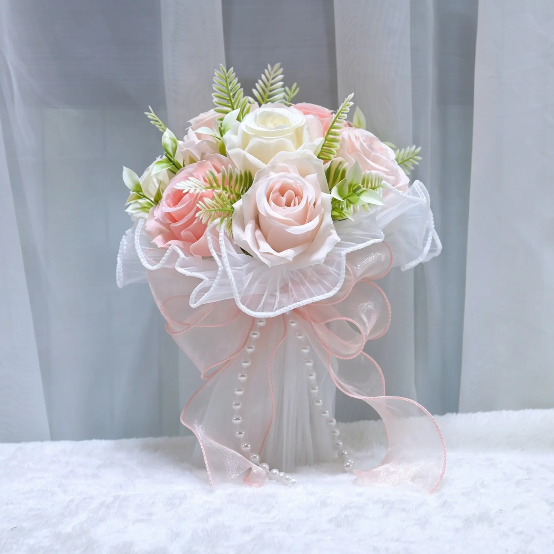 Artificial Bridal Bouquet, Elegant Silk Rose Handheld Bouquet for Bride Bridesmaid, Wedding Ceremony, Engagement, Photography, Bridal Shower, Home Party Decor with Pearl Tulle Detail, Artificial Roses