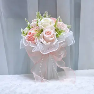 Artificial Bridal Bouquet, Elegant Silk Rose Handheld Bouquet for Bride Bridesmaid, Wedding Ceremony, Engagement, Photography, Bridal Shower, Home Party Decor with Pearl Tulle Detail