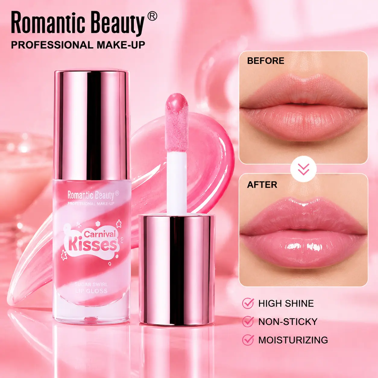 Romantic Beauty Sugar Swirl Lip Gloss, TikTok Viral Jelly Lip Oil with 3D Glass Shine Effect, Hydrating Juicy Plump Lip Tint, Non Sticky High Shine Gloss Makeup for Women Lipstick
