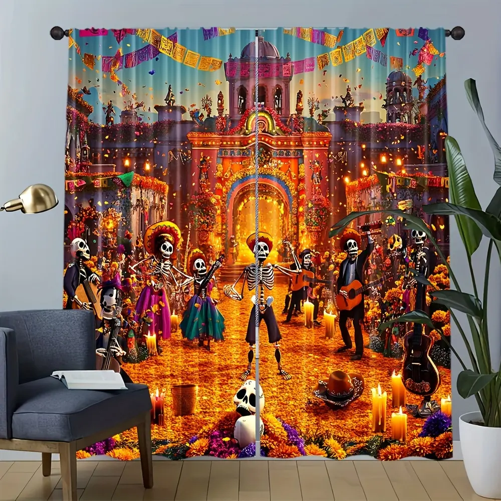 2-Piece set, bright Mexican Day of the Dead skull print curtains - semi-transparent rod pocket curtains, suitable for bedroom living room kitchen office home decoration - Death Day party decoration, Mexican party decoration, Day of the Dead decoration.