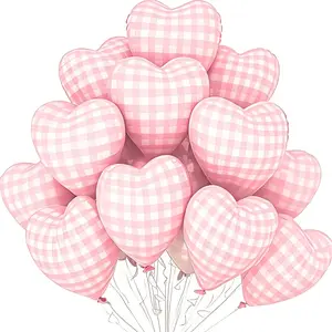 10 Pink Plaid Heart Shaped Balloons, Baby Pink and White Plaid Heart Balloons, Romantic Wedding Proposal Valentine's Day Engagement Party Decorations