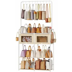 Transparent Purse Organizer for Closet with Dust-proof Drawers, Large Multi-Tier Handbag Storage Rack with Hooks & Clear Panel Doors, Slim Closet Bag Display Cabinet for Purses, Hats & Accessories