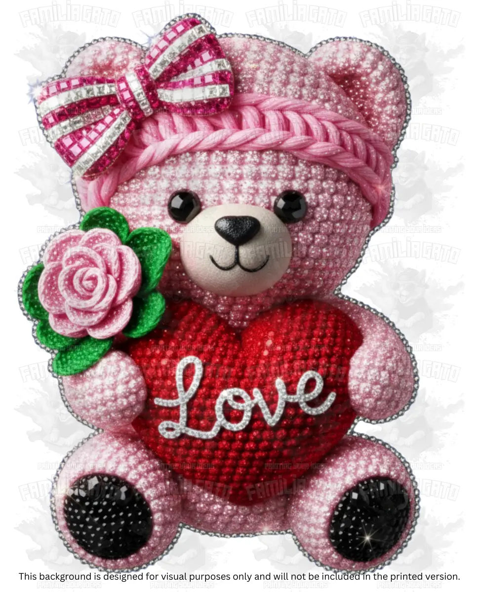 Valentine's Day Rhinestone Blush Pink Teddy Bear with Love Heart DTF Transfer, DIY Crafts Supply with DIY Artificial Rose Element