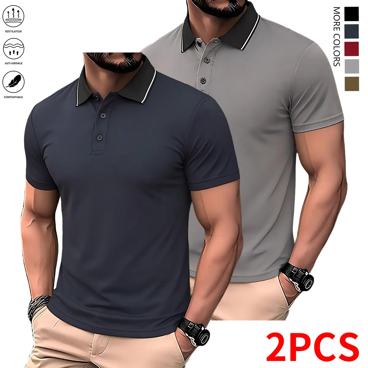 Men's 2-Pack Minimalist Polo Shirts, Lightweight Slim-Fit Solid Color Short Sleeve Mens Basics for Commuting & Everyday Wear, Lightweight Fitted Polo Shirts, Slim-Fitted Polo Shirts, Solid Color Polo Shirts