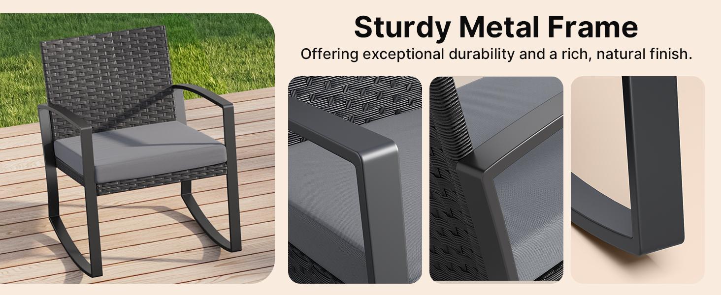 Gizoon 3 Pieces Patio Furniture Set Rocking Bistro Set Outdoor Rattan Conversation with Coffee Table for Garden Balcony Backyard Poolside (Grey Cushion) Ergonomic